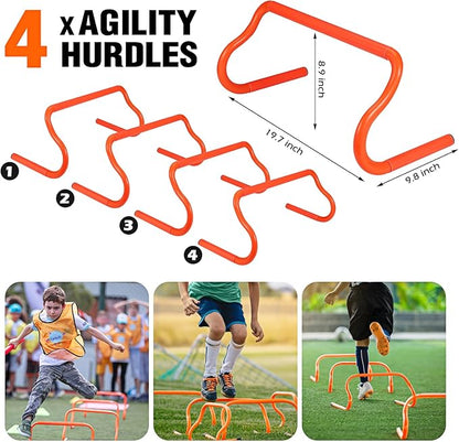 Soccer Training Equipment 20ft Agility 4 Hurdles, 12 Soccer