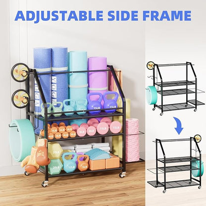 Coonoor Home Gym Storage Rack, Weight Rack for Dumbbell, Kettlebells, Workout Equipment, Yoga Mats Holder, Gym Organizer with Wheels and Hooks