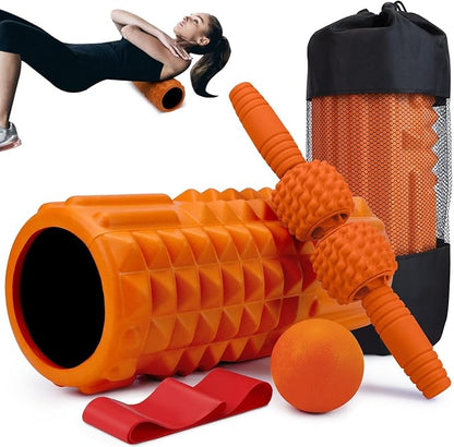 5-in-1 Foam Roller Set, Massage Roller Stick, Massage Ball, Resistance Band for Deep Muscle Massage, Trigger Point Release, Pilates, Yoga (Orange)