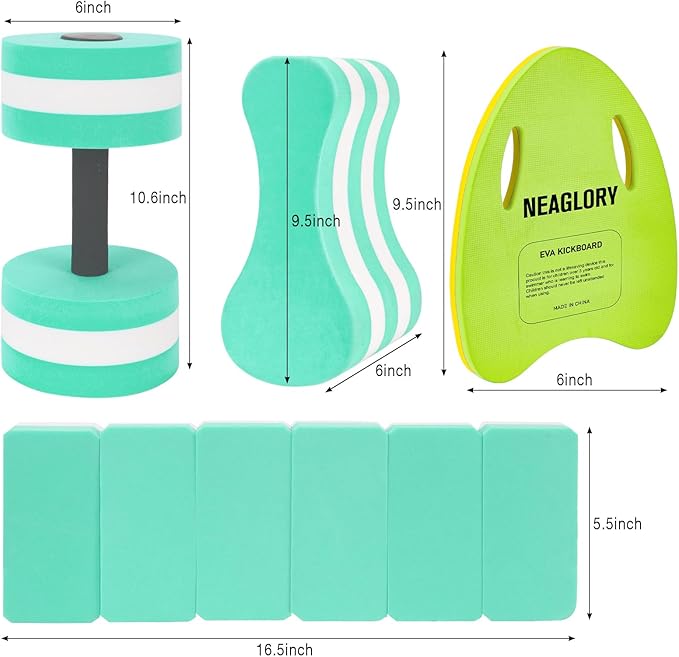 NEAGLORY 5 Pieces Water Aerobics Set Aquatic Exercise Set Pool Fitness Equipment Foam Water Dumbbell, Swim Kickboard, Pull Buoy, Aquatic Swim Belt for Water Exercise