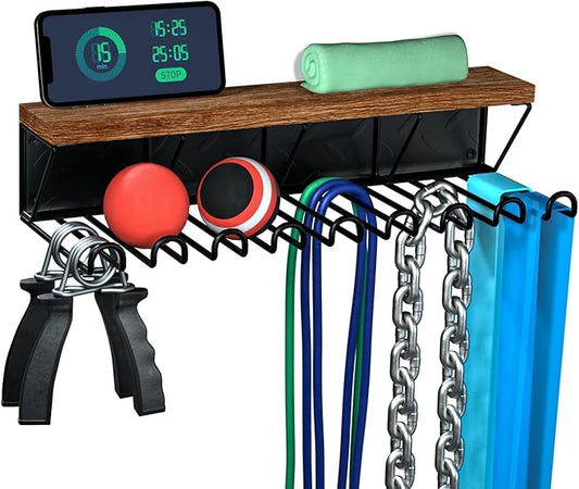 J JACKCUBE DESIGN Gym Storage Rack Organizer for Workout Equipments, Fitness Gears, Resistance Bands, Lifting Belts Rack Holder with 9 Heavy Duty Metal Hooks and Wood Shelf- MK713A