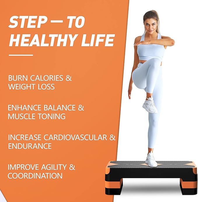 Aerobic Exercise Step, Adjustable Aerobic Stepper for Exercise, Workout Step Platform for Step Up, 26.5" Step Deck with 4” 6” 8” Adjustable Height Risers, Women Home Gym Cardio Fitness