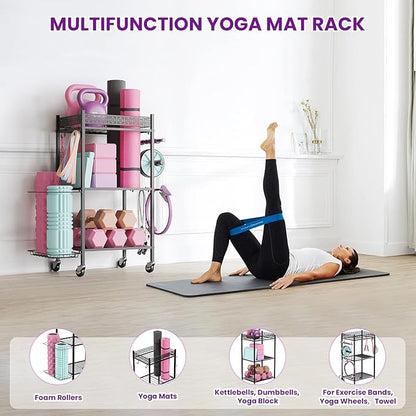 Yoga Mat Storage Rack, Home Gym Storage Rack Yoga Mat Holder, VOPEAK Workout Storage for Yoga Mat, Foam Roller, Gym Organizer Gym Equipment Storage for Home Exercise and Fitness Gear (Metal)