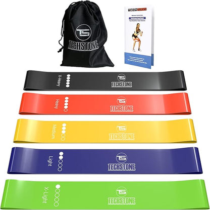 TechStone Resistance Bands Set for Men and Women, Pack of 5 Different Levels Elastic Band for Home Gym Long Exercise Workout – Great Fitness Equipment for Training, Yoga – Free Carrying Bag