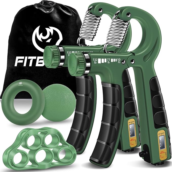 FitBeast Hand Grip Strengthener Workout Kit (5 Pack), 2 Forearm Grip Adjustable Resistance Hand Gripper, Finger Stretcher, Grip Ring & Stress Relief Grip Ball for Athletes