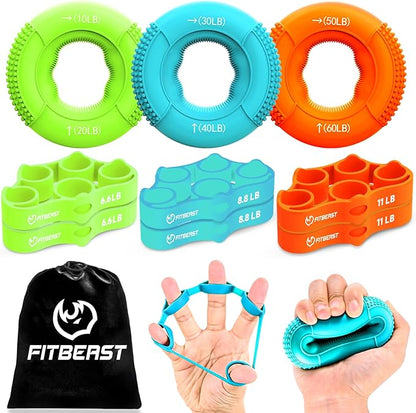 FitBeast Grip Strength Trainer, Finger Exerciser, Forearm Strengthener 9-Piece Kit, Hand Grip Strengthener Targeted Strength, Relief & Recovery