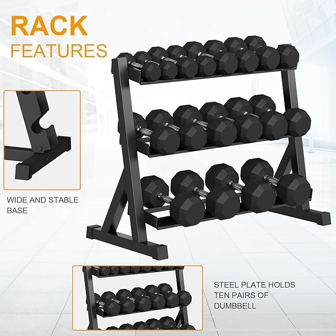 Premium Rubber Coated Hex Dumbbell Weight Set with Rack, Multiple Packages,450lbs(9 pair) for Home Gym, Coated Hand Weights for Strength Training, Workouts