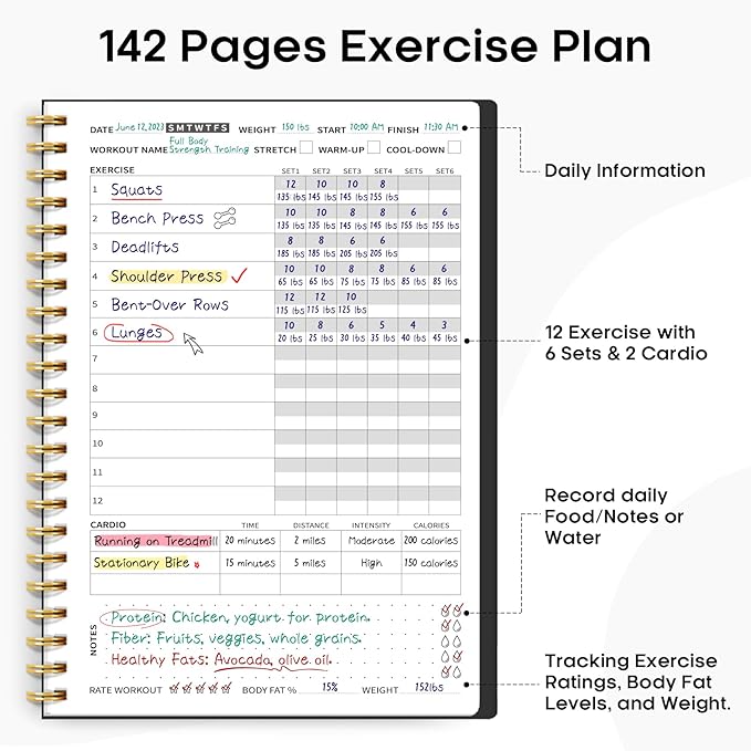 Fitness Workout Journal for Women & Men, A5(5.5" x 8.2") Workout Log Book Planner for Tracking, Progress, and Achieving Your Wellness Goals-Black