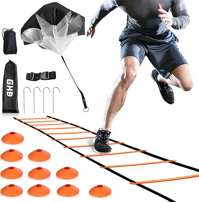 GHB Agility Ladder Speed Training Ladder Workout Ladder with 6 or 10 Cones 12 Rung 20ft with Resistance Parachute