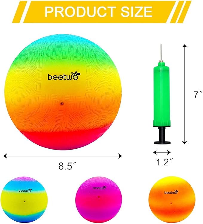 Four Square Balls, 8.5 Inch Playground Ball for Kids Outdoor Dodgeball Kickball Handball Game with Hand Pump