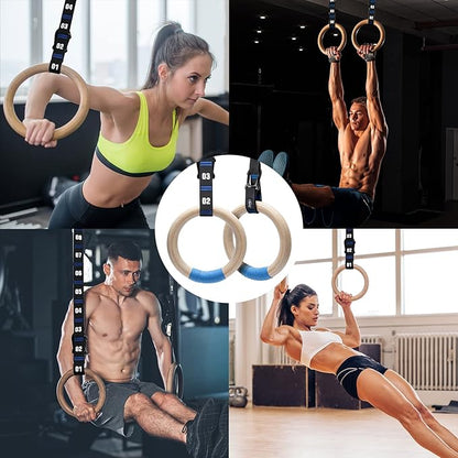 Wooden Gymnastic Rings with Adjustable Numbered Straps. 1.25'' Olympic Rings for Core Workout, Crossfit, Bodyweight Training. Home Gym Rings with 8.5ft Exercise Straps and Workout Handles