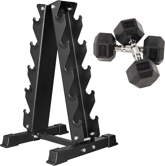 Signature Fitness Rubber Encased Hex Dumbbell with Rack