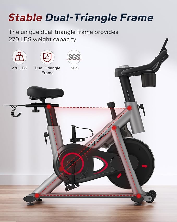 MERACH Exercise Bike, Brake Pad/Magnetic Stationary Bike with Exclusive App, Low Noise Indoor Cycling Bike with 270lbs Weight Capacity, Dumbbell Rack and Free Fitness Courses