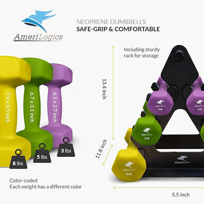 AmeriLogics Neoprene Dumbbell Sets- complete with a storage rack, non-slip, hex shape weights-bar grips with each set for working out with optimal comfort-ideal weight sets for your home gym.