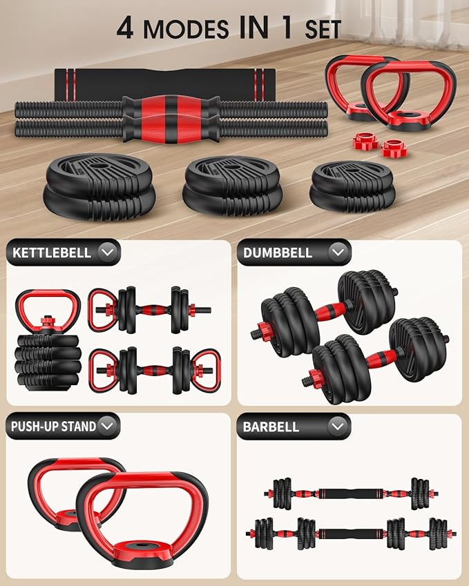 Adjustable Dumbbells, 10/20/30/45/70/90lbs Free Weight Set with Connector, 4 in1 in1 Dumbbells