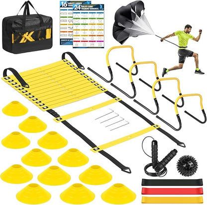 Agility Speed Training Equipment Set - 20ft Speed Ladder 12 Cones, 4 Adjustable 3 Resistance