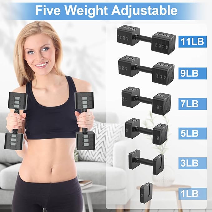 Adjustable Dumbbells Set of 2, Hand Weights Sets with 5 Levels 3lb, 5lb, 7lb, 9lb, 11lb, Adjustable Weight Dumbbells for Women/Men Home Gym Full Body Workout