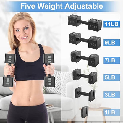 Adjustable Dumbbells Set of 2, Hand Weights Sets with 5 Levels 3lb, 5lb, 7lb, 9lb, 11lb, Adjustable Weight Dumbbells for Women/Men Home Gym Full Body Workout