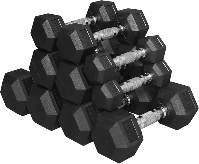 Signature Fitness Premium Rubber Coated Hex Dumbbell Weight Set, Multiple Packages