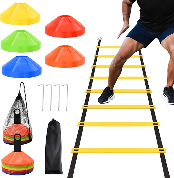 Agility Ladder Speed Training Set, Agility Ladder with Disc Cones, Steel Stakes, Carry Bags and Holder, Exercise Ladder Equipment for Football Basketball Exercise Sports