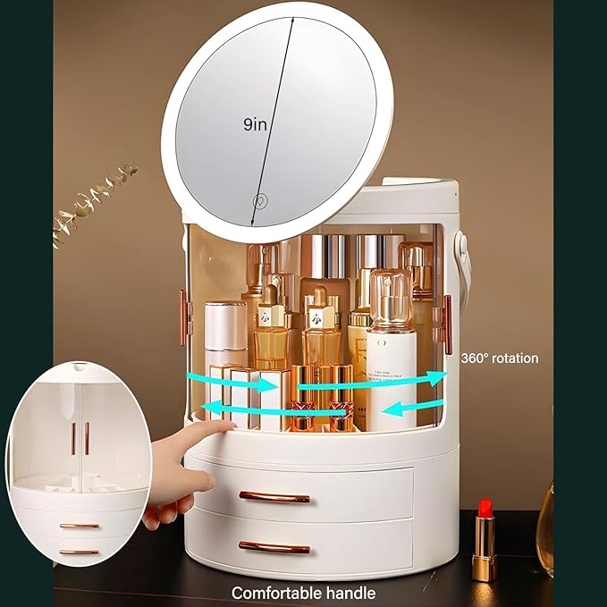 Makeup Organizer, Skincare Organizers, Rotating Makeup Organizer, Cosmetic Organizer with Mirror and LED Light, for Bedroom, Washroom, Living Room, with Carrying Handle, White