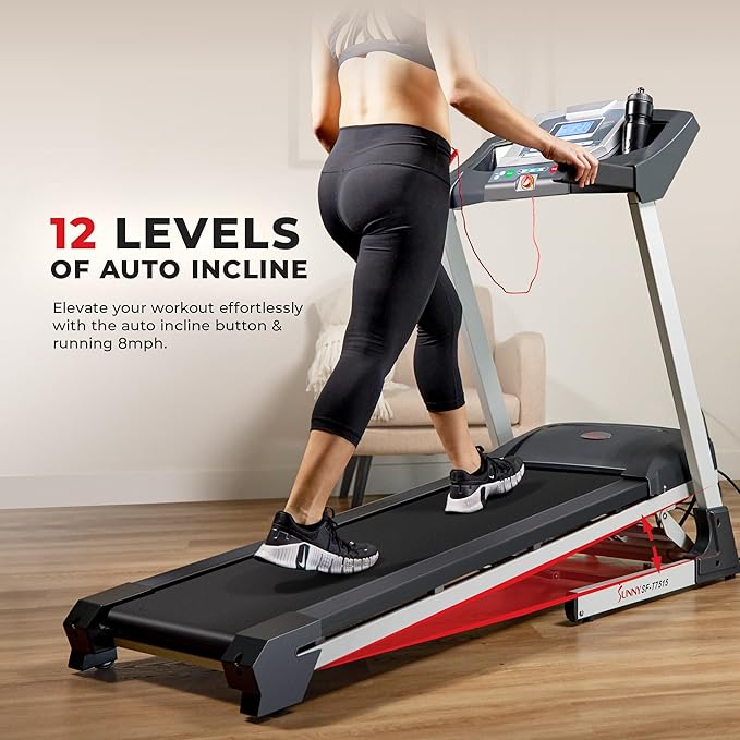 Sunny Health & Fitness Premium Treadmill with Auto Incline, Dedicated Speed Buttons, Double Deck Technology, Digital Performance Display, BMI Calculator & Pulse Sensors with Optional SunnyFit App