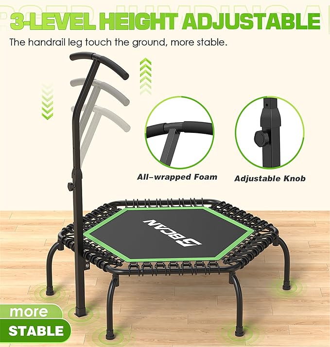 BCAN 48"/51" Mini Trampoline, 450/550 LBS Fitness Trampoline with T-Adjustable Handle Bar, Bungees, Stable & Quiet Exercise Rebounder for Adults Indoor/Garden Workout-Green