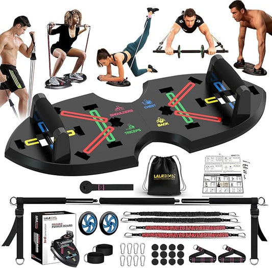 LALAHIGH Portable Home Gym System for Men and Women:Push Up Board, Pilates Bar & 20 Fitness Accessories with Resistance Bands and Ab Roller Wheel-Professional Strength Training Exercise