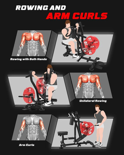 Seated Row Machine Back Workout: Back Row Machine Exercise Plate Loaded Gym Equipment T Bar Bicep Curl Home Gym