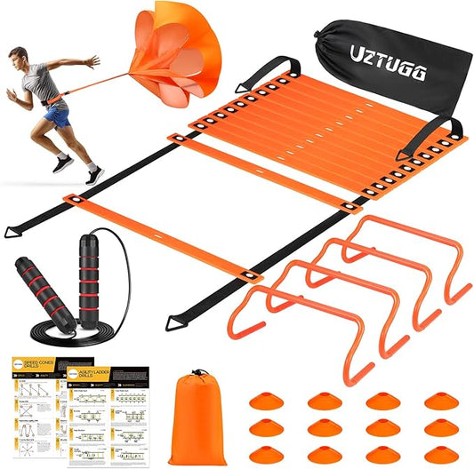 Soccer Training Equipment, Speed Agility Training Equipment for Kids Youth Adults, 20ft Agility Ladder, 4 Hurdles, Jump Rope, 12 Soccer Cones, Running Parachute, Basketball Football Training Equipment