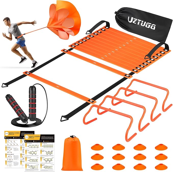 Soccer Training Equipment, Speed Agility Training Equipment for Kids Youth Adults, 20ft Agility Ladder, 4 Hurdles, Jump Rope, 12 Soccer Cones, Running Parachute, Basketball Football Training Equipment