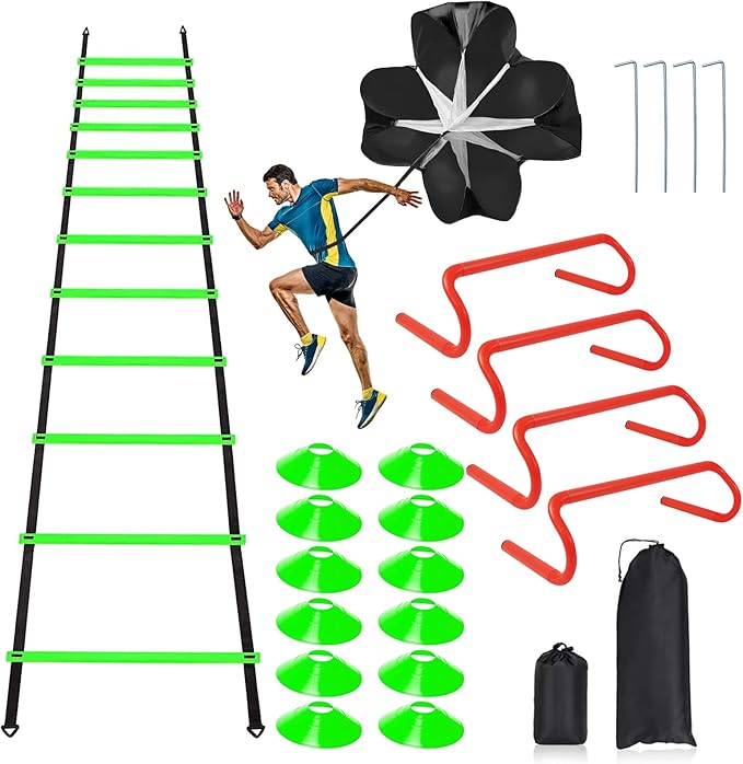 Speed & Agility Ladder Training Equipment Set 12 Rung 20ft Agility 4 Agility Hurdles,12 Disc 1 Resistance