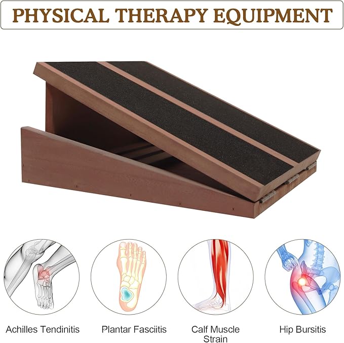 Professional Calf Stretcher Slant Board - Adjustable Incline Stretch Squat Wedge, Posture Board Wooden Physical Therapy Equipment, Non Slip Achilles Stretcher with Extra Side Handle - Small Brown