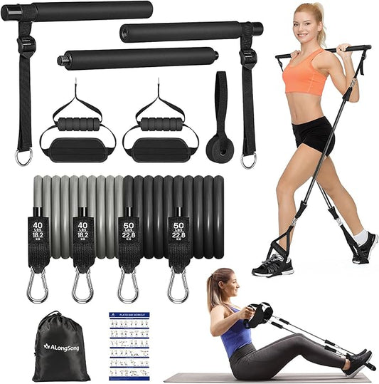 Portable Pilates Bar Kit with Resistance Bands for Women & Men, Upgraded 3 Section Multifunctional Yoga Pilates Stick for Home Gym Exercise Fitness Equipment Supports Full-Body Workouts