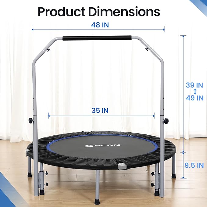 BCAN 40/48" Foldable Mini Trampoline Max Load 330lbs/440lbs, Fitness Rebounder with Adjustable Foam Handle, Exercise Trampoline for Adults Indoor/Garden Workout