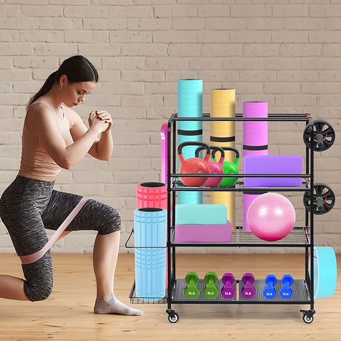 HEOMU Yoga Mat Storage Rack, Home Gym Storage Rack for Dumbbells Kettlebells, Gym Organizer Gym Equipment Storage Cart with Wheels and Hooks, Black