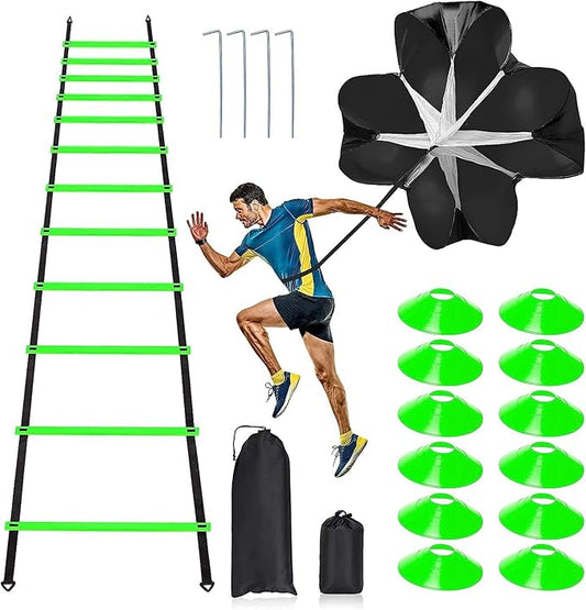 Pro Speed & Agility Training Set—Includes 12 Rung 20ft Adjustable 12 Disc 4 Steel 1 Resistance