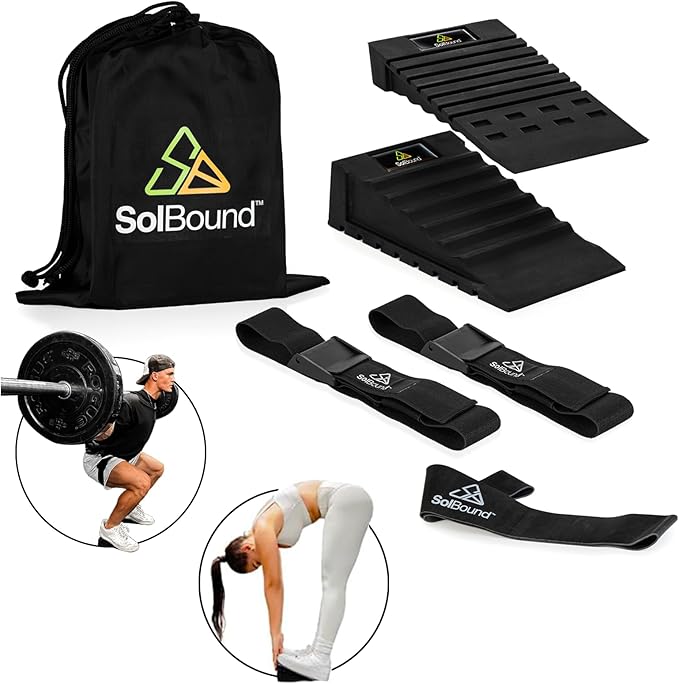 Squat Wedge Block 8 PC Set - Adjustable Slant Board for Weight Lifting - Stretching Equipment for Hamstring, Calf, Foot, Ankle, Achilles and More - Elevated Heel Design with Incline for Exercise Black