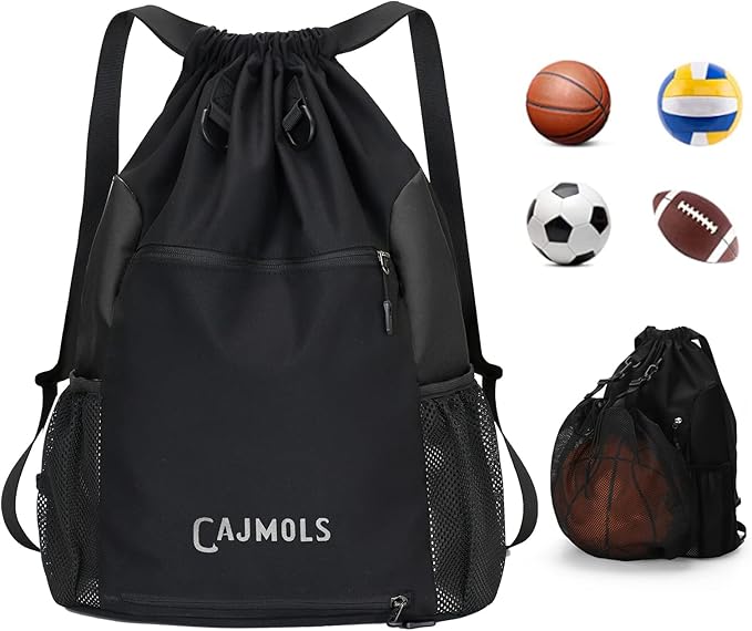 Drawstring Backpack 1 Pack Basketball Gym Bag with Hidden Folding Ball Mesh Bag Sport Equipment Bag for Soccer Volleyball Baseball Softball Football Yoga (Black)