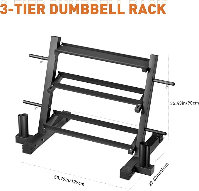 Holleyweb 3 Tier Dumbbell Weight Rack, Dumbbell Rack Stand Only,Adjustable Width Weight Rack for Dumbbells, Suitable for Storage of Weight Plates, Kettlebell and Dumbbell