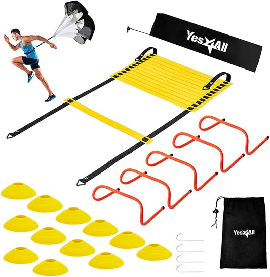 Yes4All Speed Training Equipment Set: 15ft Agility Ladder, Resistance Parachute, 5 Agility Hurdles, 12 Disc Cones with Carry Bag/Strap