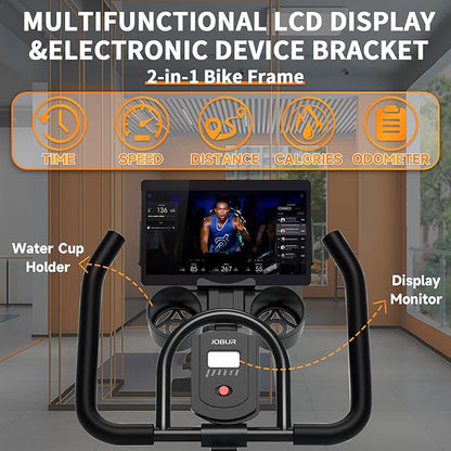 Exercise Bike JOBUR stationary Bike Silent Transmission Workout Bike 300 lbs load-bearing Magnetic Resistance Pro Indoor Cycling Bike with Tablet Computer Mount & LCD Monitorand comfort cushions for Home Gym Cardio Fitness Training