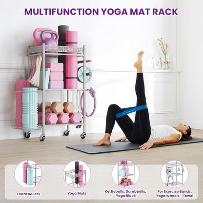 Yoga Mat Storage Rack, Home Gym Storage Rack Yoga Mat Holder, VOPEAK Workout Storage for Yoga Mat, Foam Roller, Gym Organizer Gym Equipment Storage for Home Exercise and Fitness Gear (Metal)