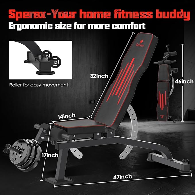 Sperax 1200LB Workout Bench,Adjustable Weight Bench for Home Gym,Versatile Incline/Decline Workout Bench for Full Body Strength Training