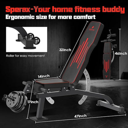 Sperax 1200LB Workout Bench,Adjustable Weight Bench for Home Gym,Versatile Incline/Decline Workout Bench for Full Body Strength Training