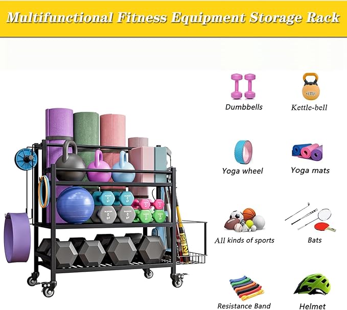 Dumbbell Rack,Weight Racks for Dumbbells,Yoga Mat Storage Rack,Home Gym Storage Racks for Foam Roller Kettlebells ball,Workout Equipment Storage Organizer With Hooks and Wheels