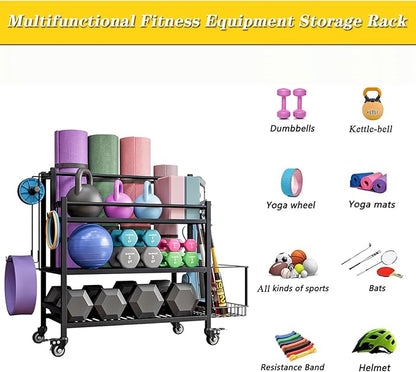 Dumbbell Rack,Weight Racks for Dumbbells,Yoga Mat Storage Rack,Home Gym Storage Racks for Foam Roller Kettlebells ball,Workout Equipment Storage Organizer With Hooks and Wheels