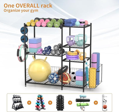 Large Home Gym Storage for Dumbbells Kettlebells Yoga Mat and Balls, Size adjustable Dumbbell Rack, All in One Workout Storage with Hooks, Weight Capacity 550 lbs