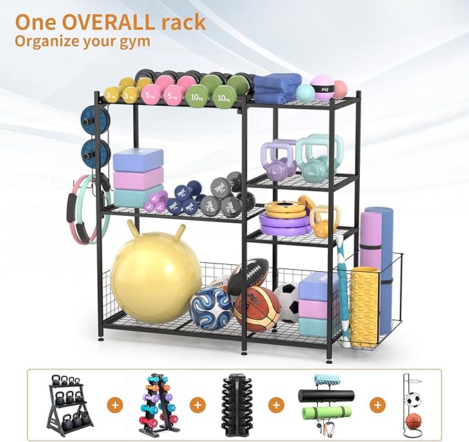 Large Home Gym Storage for Dumbbells Kettlebells Yoga Mat and Balls, Size adjustable Dumbbell Rack, All in One Workout Storage with Hooks, Weight Capacity 550 lbs