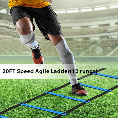 Agility Ladder Speed Training Equipment Set-20ft Agility Ladder, 6 Agility Poles, 12 Soccer Cones, Running Parachute, Jump Rope| Basketball Football Soccer Training Equipment for Kids Youth Adults